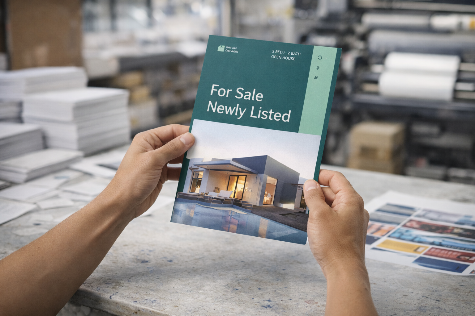 Finished brochure held up in print shop