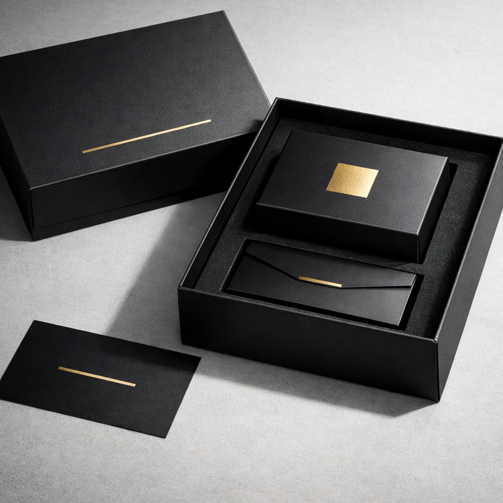 Black foiled boxes and business cards — offset printed