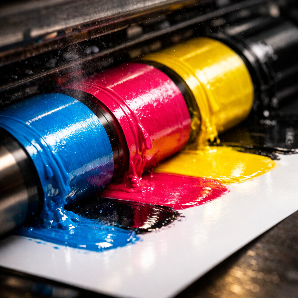 CMYK ink rollers on offset press
