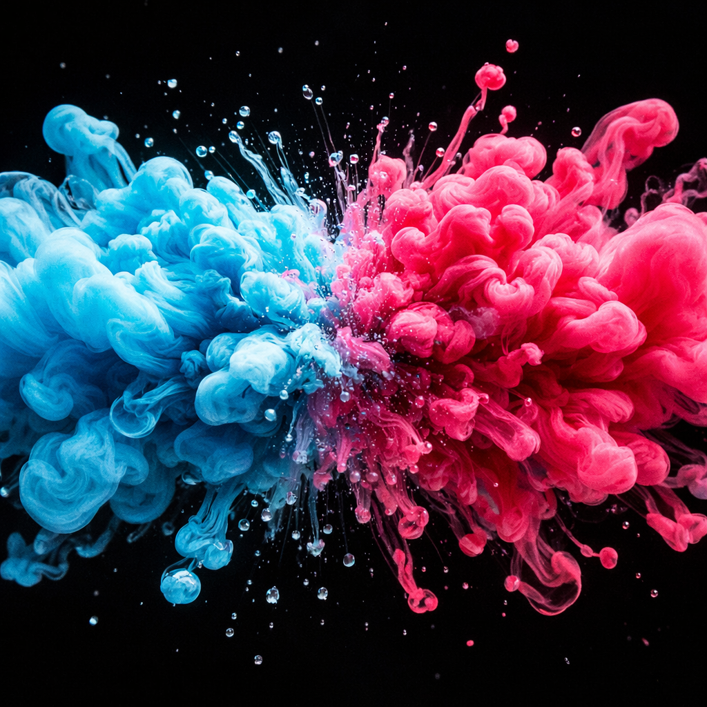 Cyan and magenta ink exploding in water on black