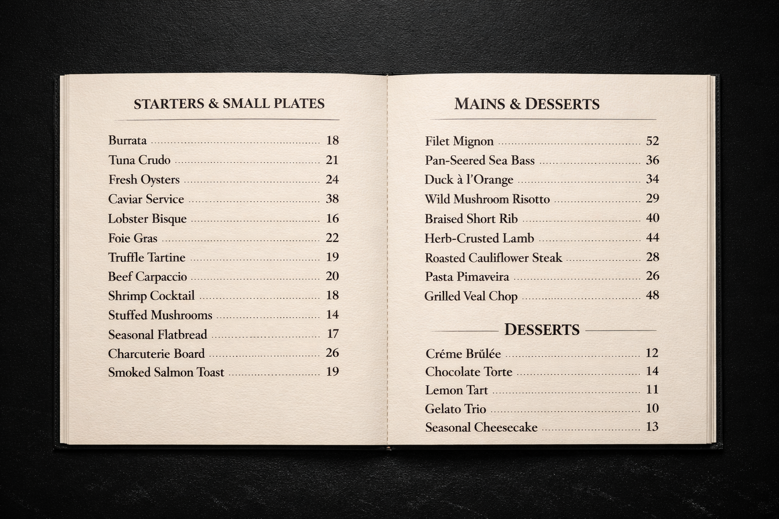 Elegantly typeset menu design