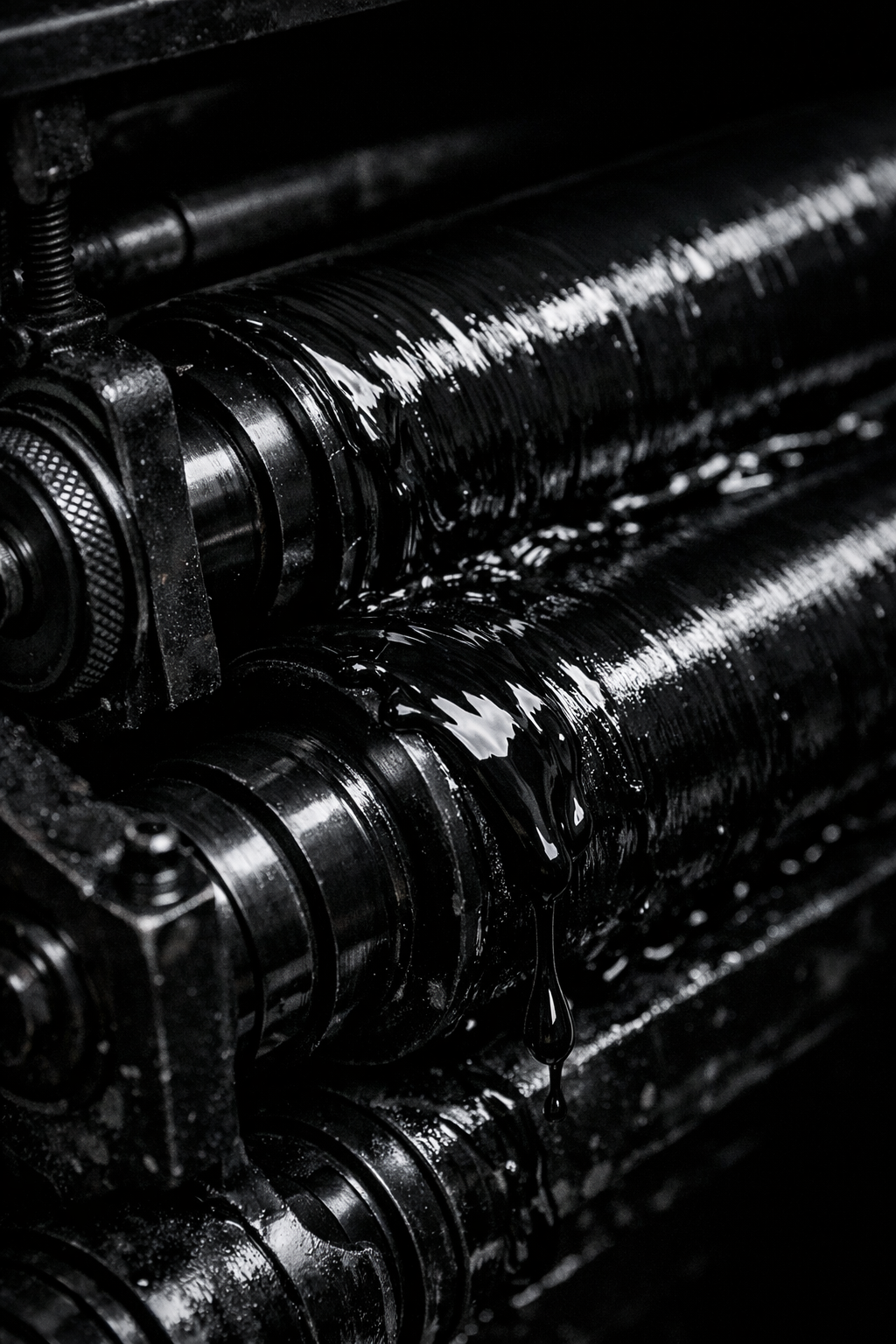 Black ink on press rollers close-up